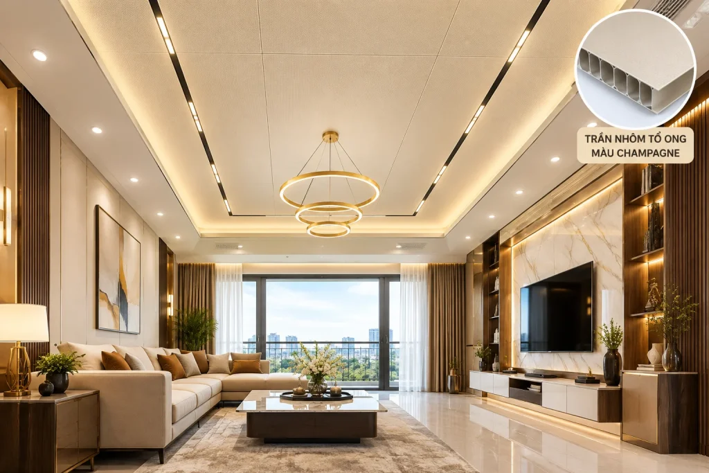 Trần nhôm tổ ong màu champagne